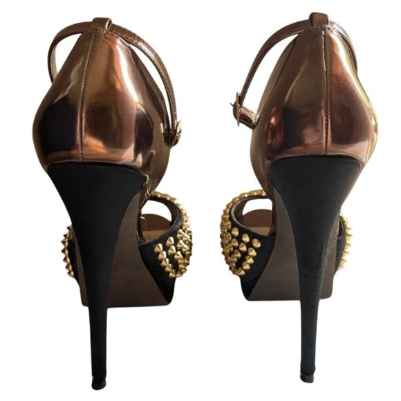 Steve Madden Obstcl-S Black Bronze Studded Peep Toe Heels Gold Spikes Womens 7M - Picture 4 of 8